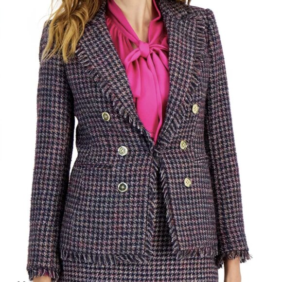 Tahari ASL Jackets & Blazers - Tahari ASL L Tweed Fringe Gold Button Hookeye Long Sleeve Purple Metallic Blazer